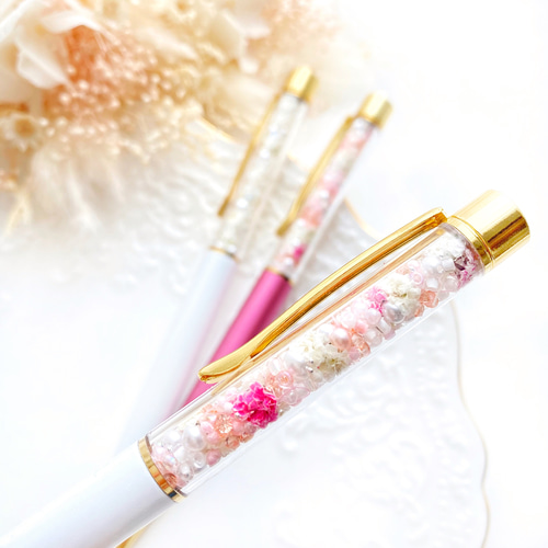 キラキラボールペン 上品可愛い ドライフラワー かすみ草 パール