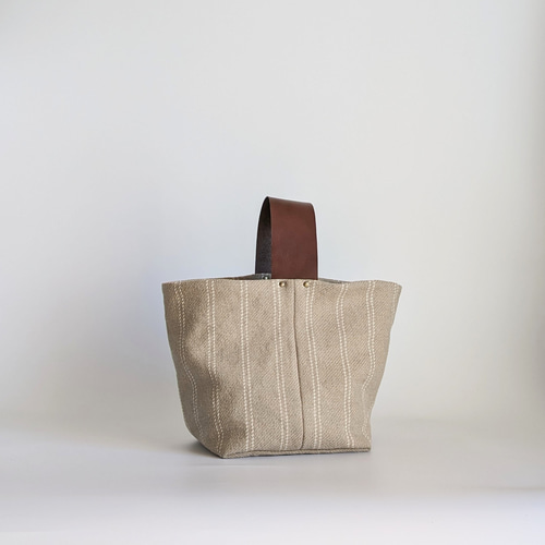 受注制作]本革ワンハンドルバッグS△白ライン リネンキャンバス トート