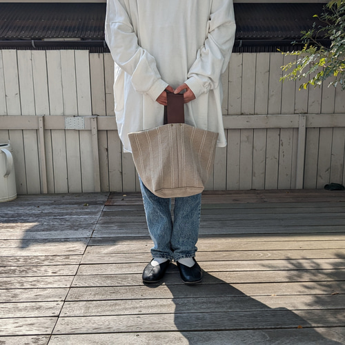 受注制作]本革ワンハンドルバッグS△白ライン リネンキャンバス トート