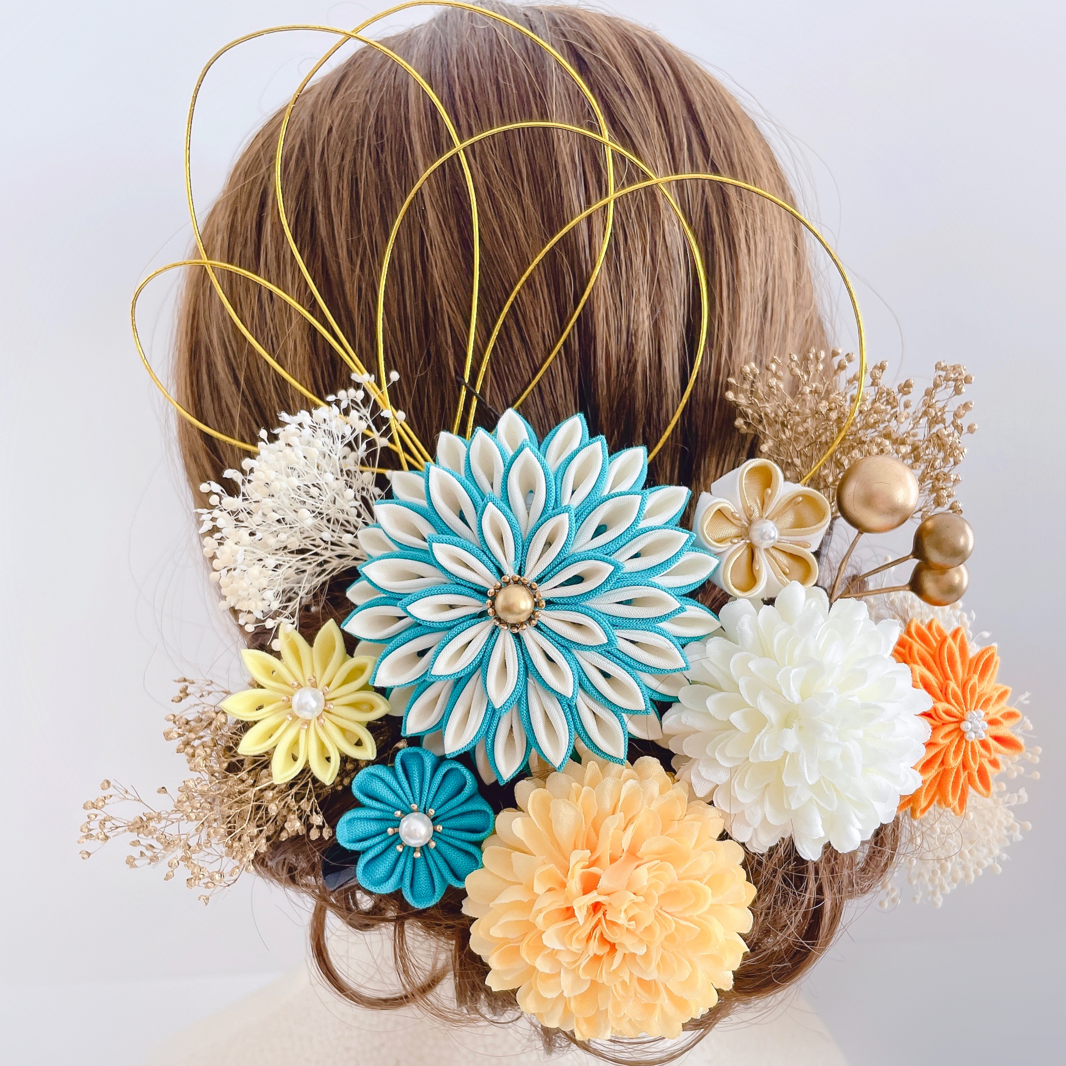つまみ細工　髪飾り　ポンポンマム　【ターコイズブルー×オレンジ】成人式　ウェディング　和装　アーティフィシャルフラワー