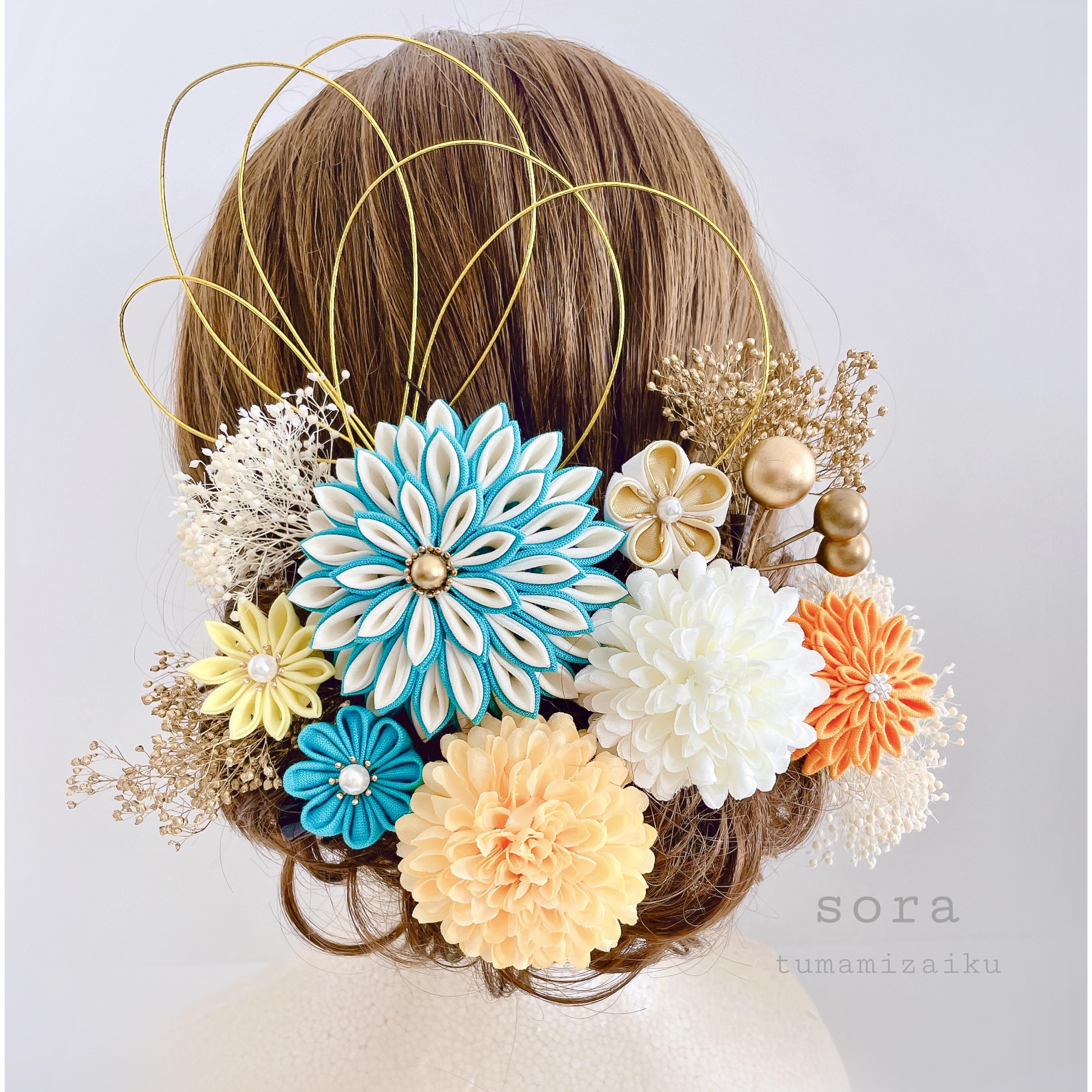 つまみ細工　髪飾り　ポンポンマム　【ターコイズブルー×オレンジ】成人式　ウェディング　和装　アーティフィシャルフラワー