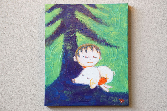 【うたたね】＃原画＃イラスト＃ヒーリングアート＃キャンバス＃絵画＃癒し＃子供＃犬＃ほんわか 1枚目の画像