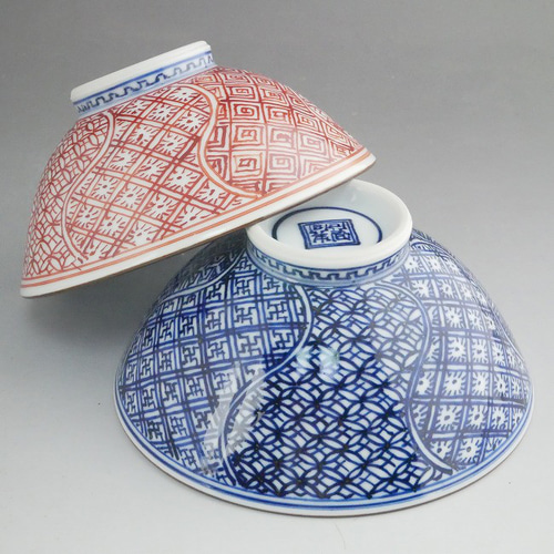 明治期作　骨董品　上等夫婦茶碗 ◇商品番号 12817 青赤祥瑞夫婦茶碗 春晃 茶碗・めし碗 松韻堂 通販