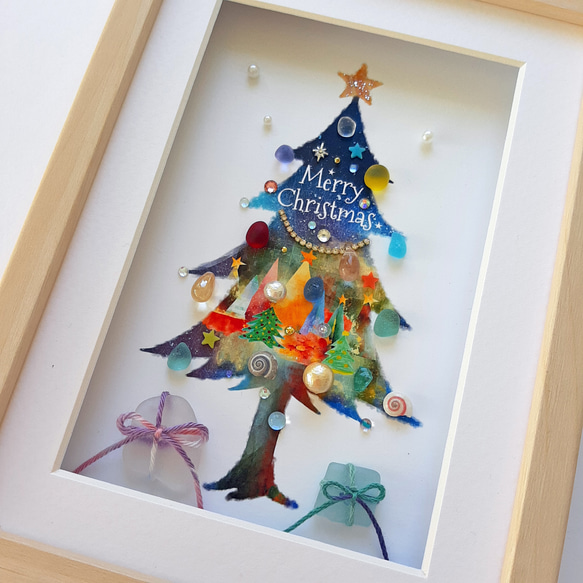White Xmas tree シーグラス／天然石／フレームアート／クリスマス