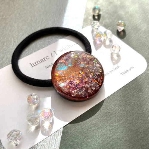 ブラウンアンティーク調ハートレジンヘアゴム ポニーフック変更可能