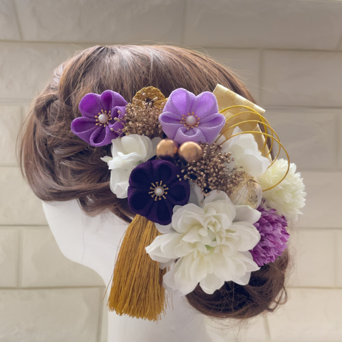 紫*白*金 かすみ草 つまみ細工 髪飾り 成人式 結婚式 ヘアピン 紫*白*金 かすみ草 つまみ細工 髪飾り 成人式 結婚式 ヘアピン