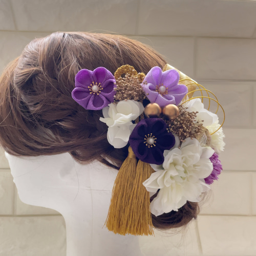 紫*白*金 かすみ草 つまみ細工 髪飾り 成人式 結婚式 ヘアピン 紫*白*金 かすみ草 つまみ細工 髪飾り 成人式 結婚式 ヘアピン