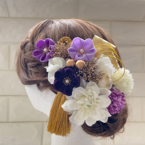紫*白*金 かすみ草 つまみ細工 髪飾り 成人式 結婚式 ヘアピン 紫*白*金 かすみ草 つまみ細工 髪飾り 成人式 結婚式 ヘアピン