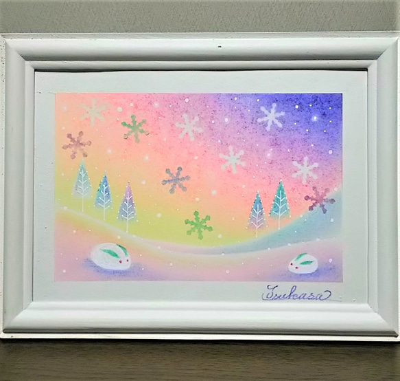 パステルアート 雪うさぎとオーロラ色の夜空 パステル画原画 年賀状  