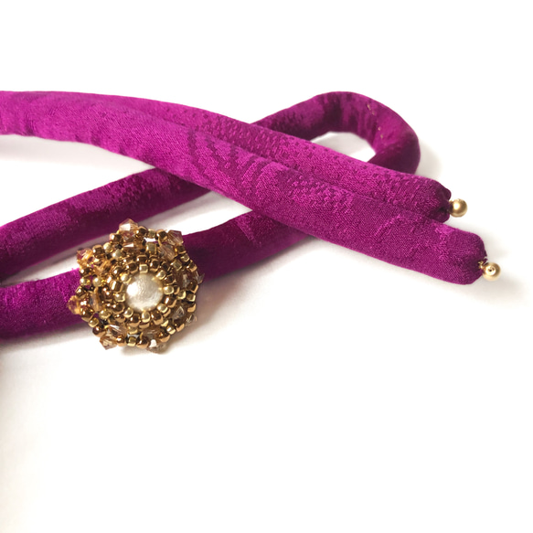 帯締め　丸ぐけ　赤紫　帯留め　コットンパールとゴールド系ビーズ編みリング 4枚目の画像