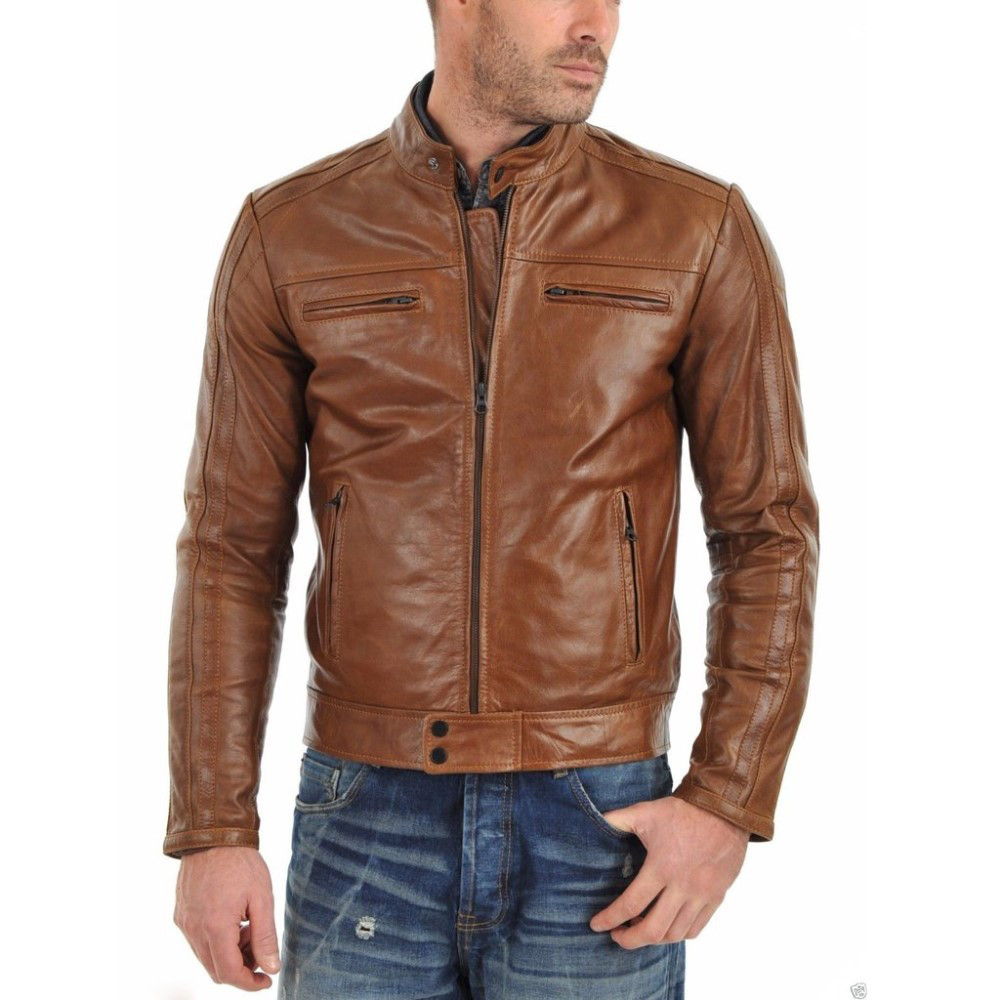 牛革・ウエストボタン付きタンジャケット Cow Leather Tan Jacket with Waist Button