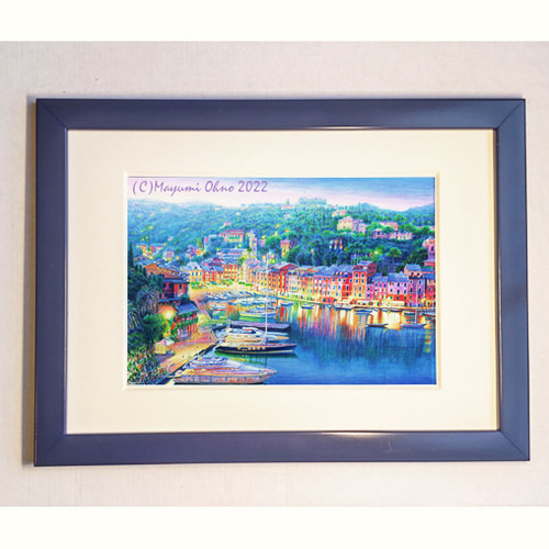 ポルトフィーノ アクリル画 版画 南イタリア ヨーロッパ 地中海 夕景