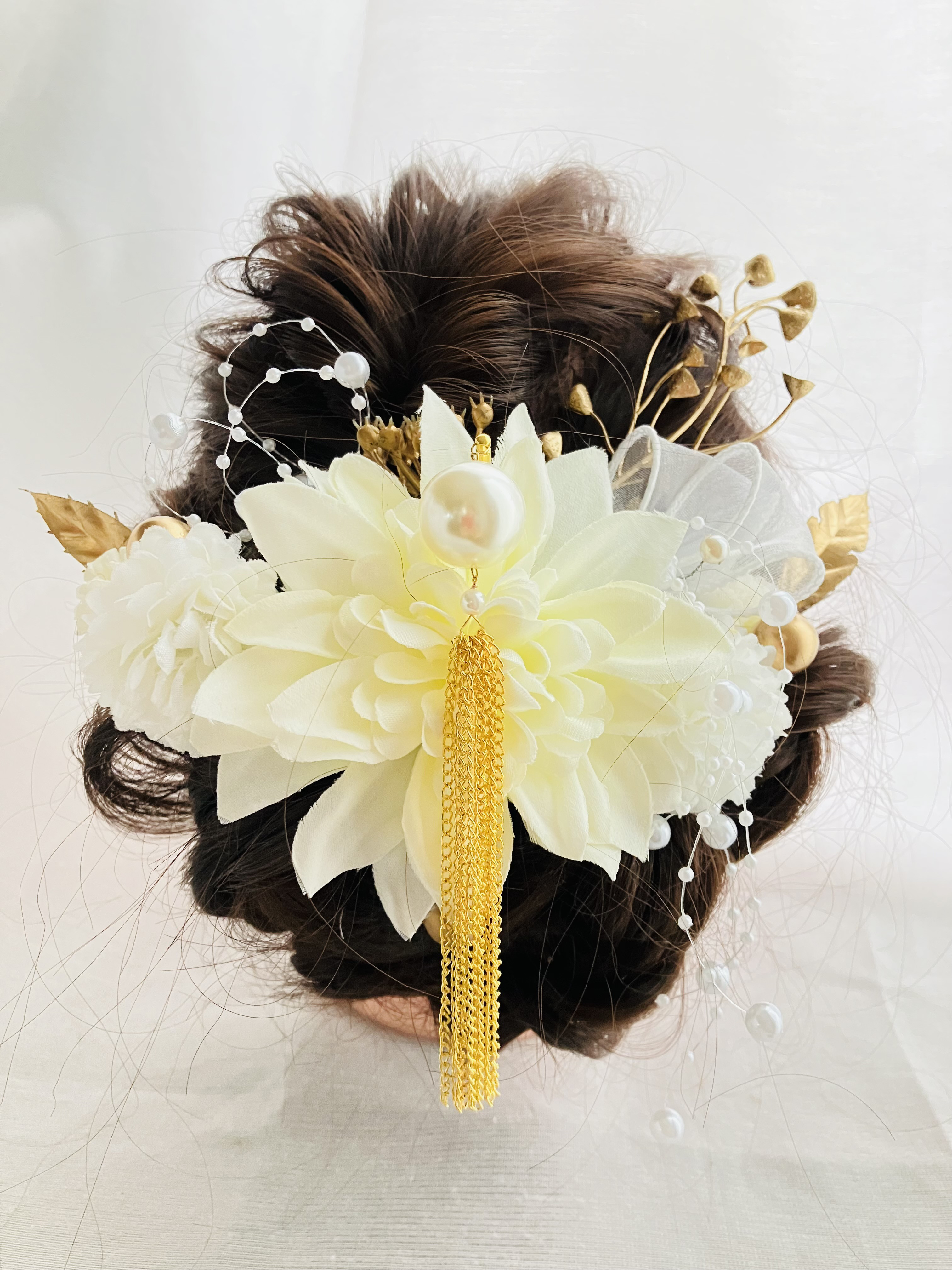 揺れるパール簪【成人式髪飾り】【結婚式髪飾り】【卒業式髪飾り】【ウェディング】簪　水引　金箔　振袖　袴　チュール　成人式