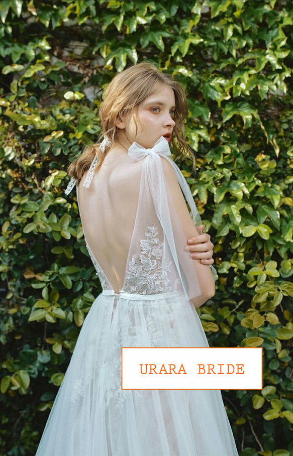 肩リボン Ⅴネック 花柄レース刺繍 ウエディングドレス 二次会 リネン、麻、綿麻 R2786213915(21400円)