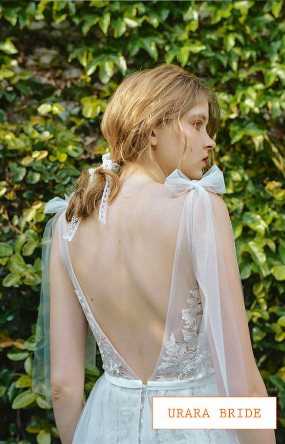 肩リボン Ⅴネック 花柄レース刺繍 ウエディングドレス 二次会 15枚目の画像