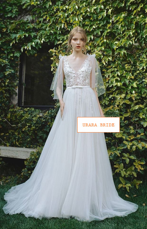 肩リボン Ⅴネック 花柄レース刺繍 ウエディングドレス 二次会 リネン、麻、綿麻 R2786213915(21400円)