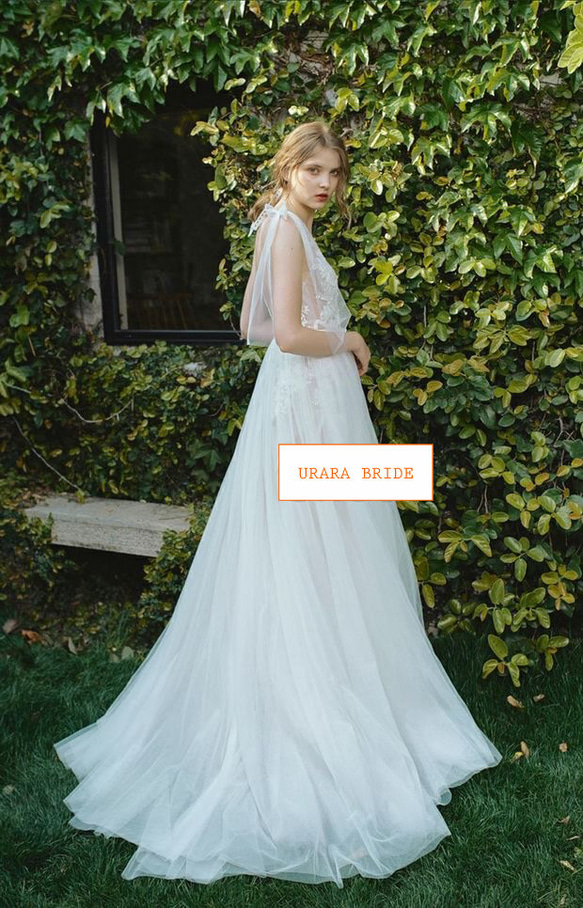 肩リボン Ⅴネック 花柄レース刺繍 ウエディングドレス 二次会 リネン、麻、綿麻 R2786213915(21400円)