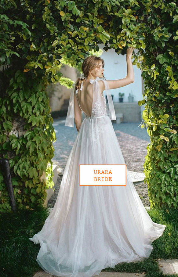 肩リボン Ⅴネック 花柄レース刺繍 ウエディングドレス 二次会 リネン、麻、綿麻 R2786213915(21400円)