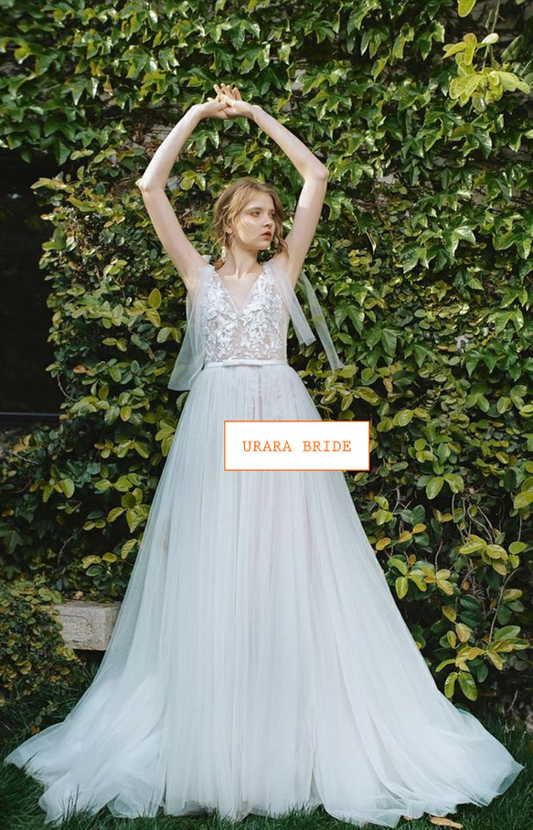 肩リボン Ⅴネック 花柄レース刺繍 ウエディングドレス 二次会 リネン、麻、綿麻 R2786213915(21400円)