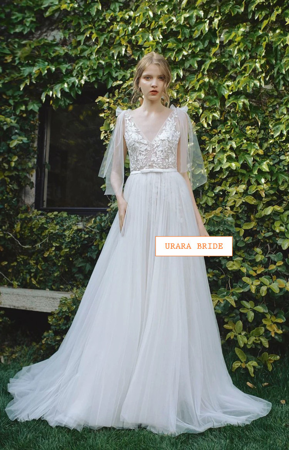 肩リボン Ⅴネック 花柄レース刺繍 ウエディングドレス 二次会 リネン、麻、綿麻 R2786213915(21400円)