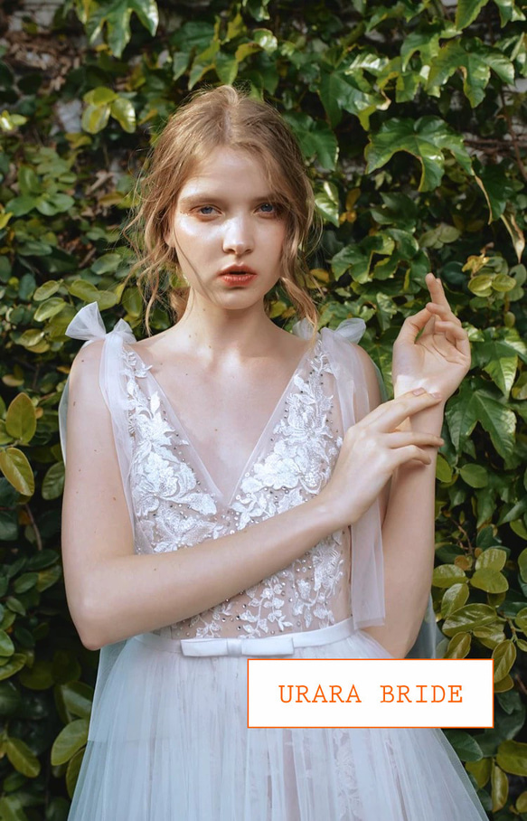 肩リボン Ⅴネック 花柄レース刺繍 ウエディングドレス 二次会 リネン、麻、綿麻 R2786213915(21400円)