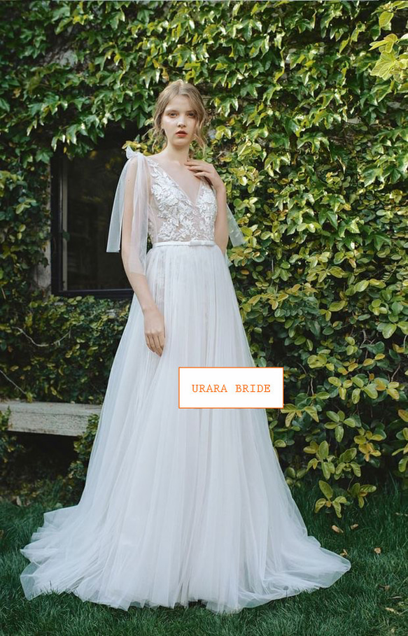 肩リボン Ⅴネック 花柄レース刺繍 ウエディングドレス 二次会 リネン、麻、綿麻 R2786213915(21400円)