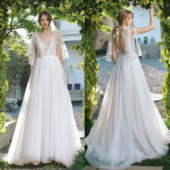 肩リボン Ⅴネック 花柄レース刺繍 ウエディングドレス 二次会 リネン、麻、綿麻 R2786213915(21400円)