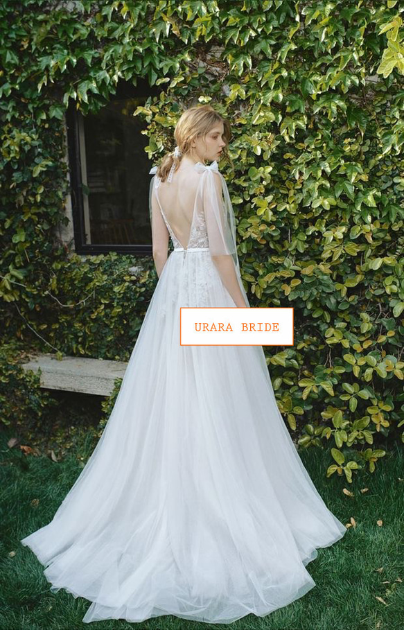 肩リボン Ⅴネック 花柄レース刺繍 ウエディングドレス 二次会 リネン、麻、綿麻 R2786213915(21400円)