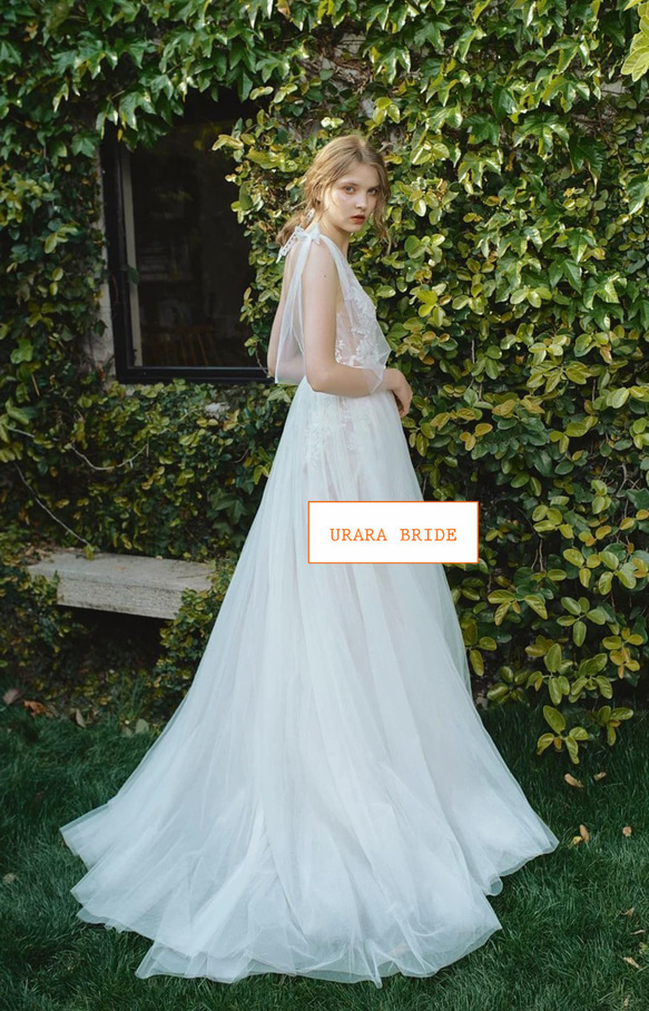 肩リボン Ⅴネック 花柄レース刺繍 ウエディングドレス 二次会 リネン、麻、綿麻 R2786213915(21400円)