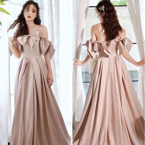 ピンクサテン オフショルダー パーティドレス 演奏会 謝恩会 ドレス