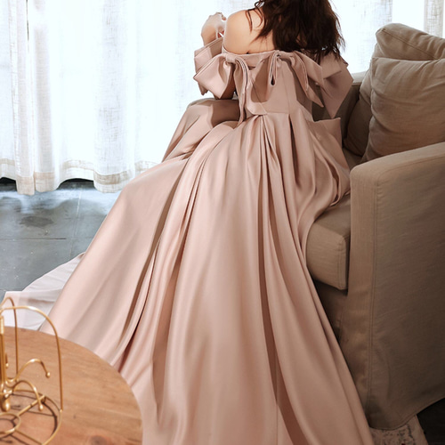 ピンクサテン オフショルダー パーティドレス 演奏会 謝恩会 ドレス  