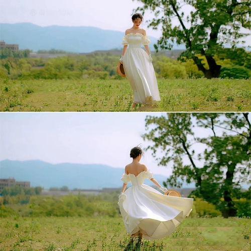 サテン フリルオフショルダー パフスリーブウエディングドレス ドレス  