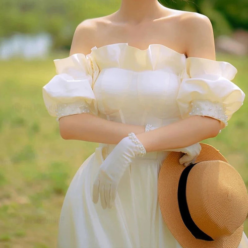 サテン フリルオフショルダー パフスリーブウエディングドレス ドレス  