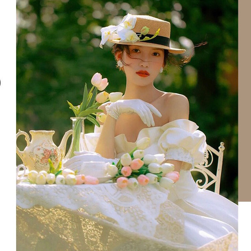 サテン フリルオフショルダー パフスリーブウエディングドレス ドレス  