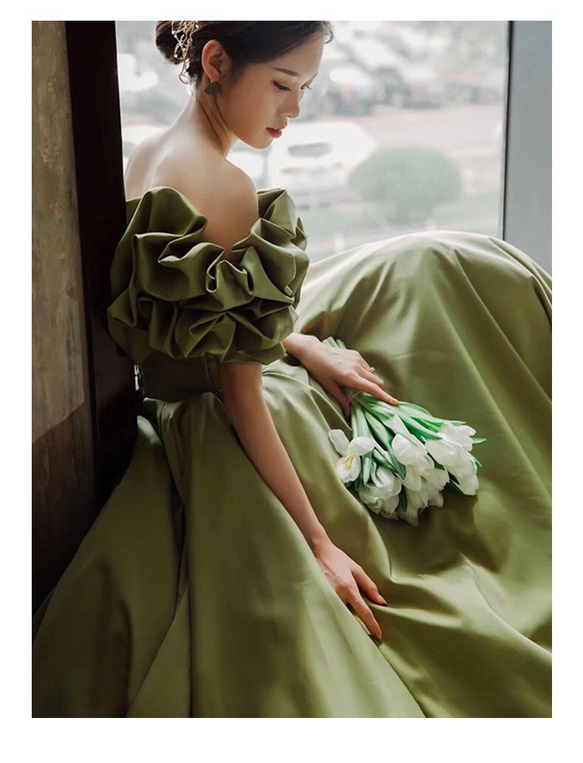 フリルオフショルダー グリーンドレス 二次会 前撮り フォト バスト ウエスト ヒップ
