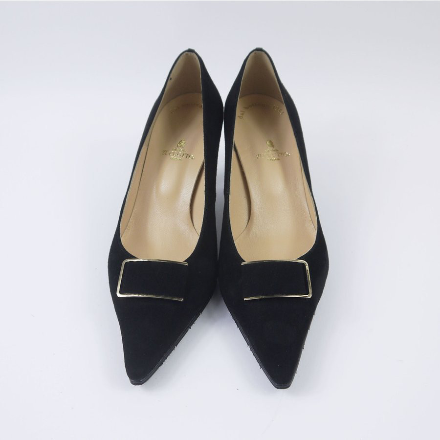 スエードレザーのバックルポインテッドトゥパンプス★ブラックスエードz682ゴールド金具