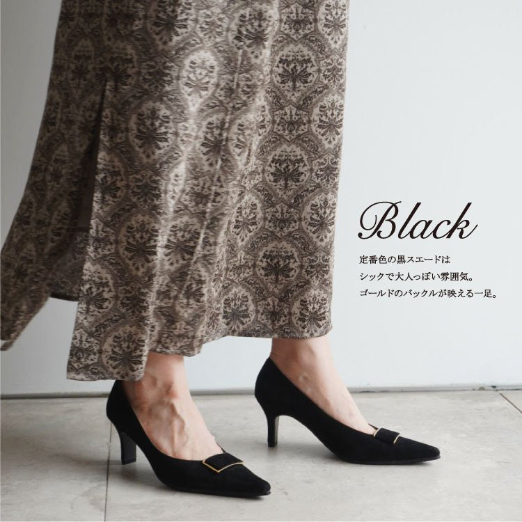 スエードレザーのバックルポインテッドトゥパンプス★ブラックスエードz682ゴールド金具