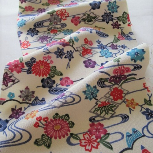 白練色 京友禅 紅型 型染 流水に網干・花鳥模様 正絹 丹後