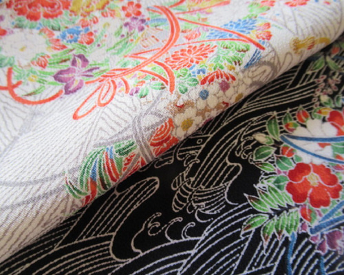 白・黒色 本加賀友禅 橋に花鼓 正絹 縮緬地 丹後ちりめん No.56-4 おく