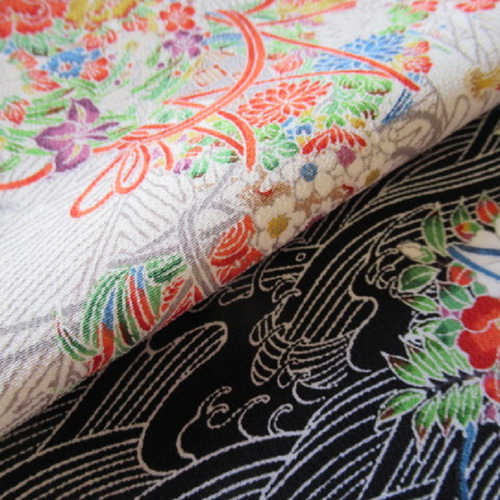 白・黒色 本加賀友禅 橋に花鼓 正絹 縮緬地 丹後ちりめん No.56-4 おく