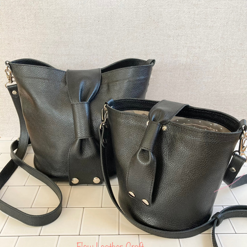 受注製作《Large》リボンハンドルのバケツ型ショルダーバック＊2way 黒