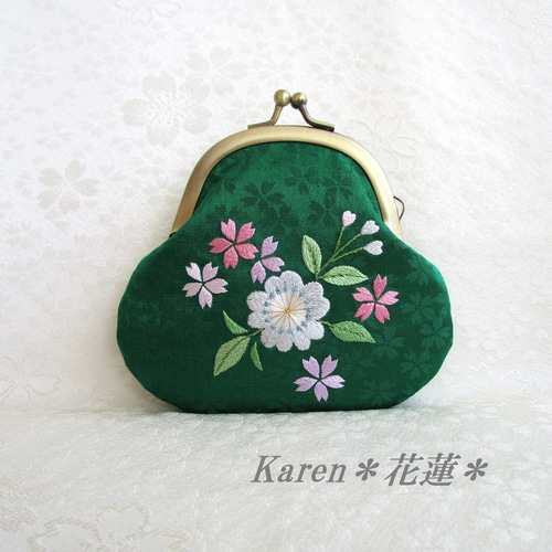 桜さくら】日本刺繍のがま口ミニ財布・小物入れ ◇緑色◇ 刺繍