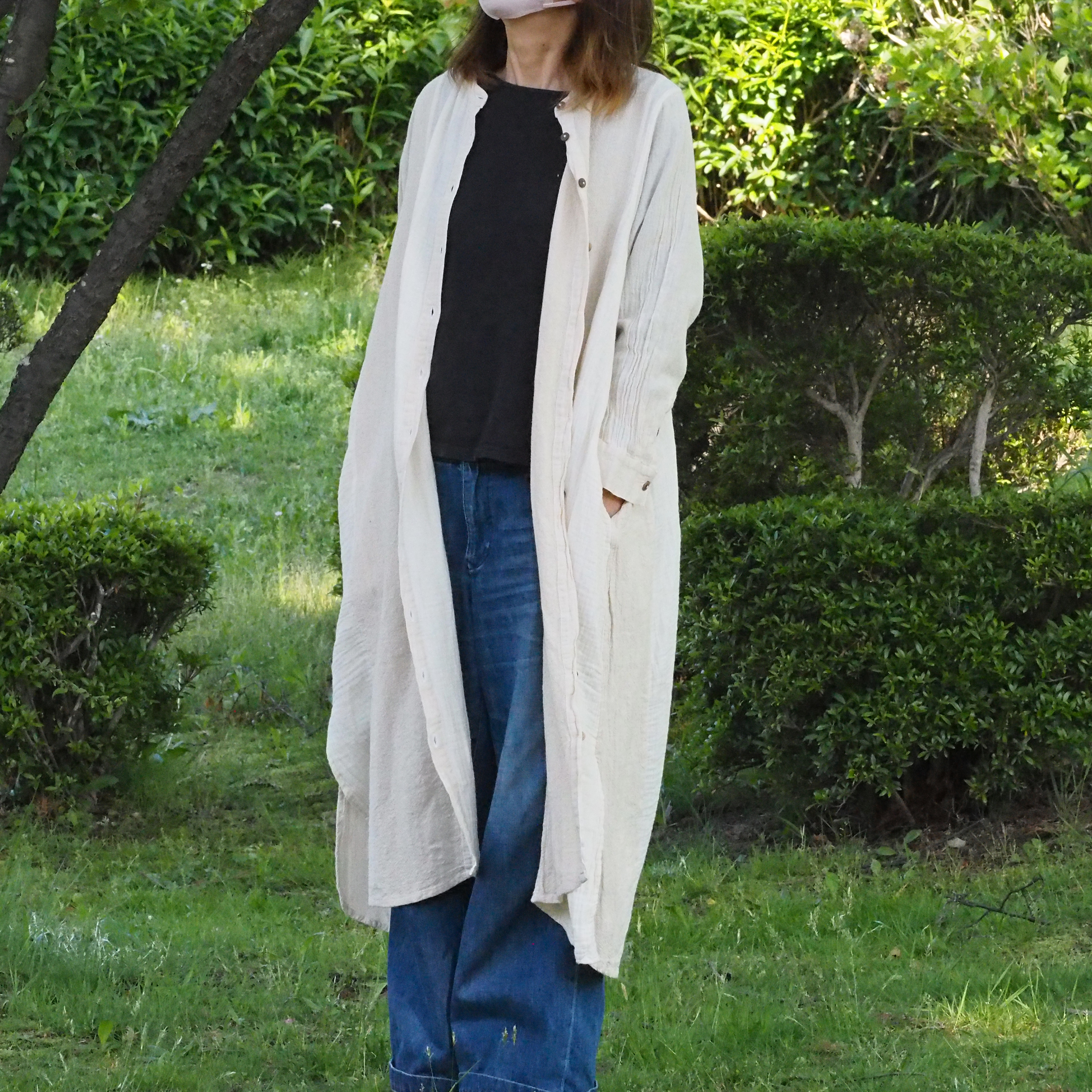 ★ChicLine★ジアン ダブルカラー ロングシャツベルトワンピース オーガニックコットン ダブルガーゼ ワンピース ロングシャツ