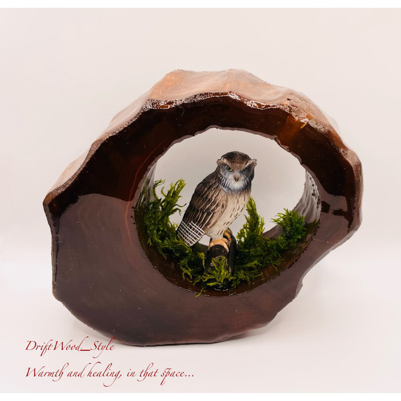 一つ限りの流木アート 森の中のシマフクロウ ジオラマ 流木 フィギュア 置物 鳥 インテリア オブジェ レジン N1 2枚目の画像