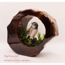 一つ限りの流木アート 森の中のシマフクロウ ジオラマ 流木 フィギュア 置物 鳥 インテリア オブジェ レジン N1 4枚目の画像