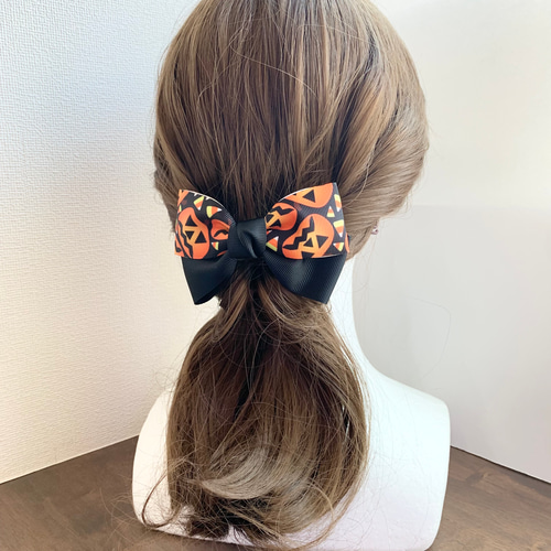 ハロウィンリボン 大かぼちゃ リボンヘアアクセサリー バレッタ ポニー