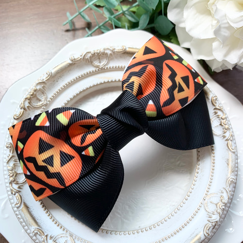 ハロウィンリボン 大かぼちゃ リボンヘアアクセサリー バレッタ ポニー