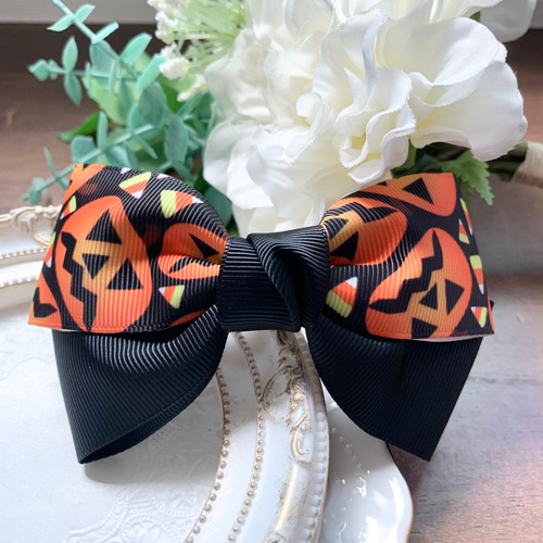 ハロウィンリボン 大かぼちゃ リボンヘアアクセサリー バレッタ ポニー