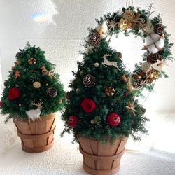 クリスマス2023 プリザーブドフラワークリスマスツリーLEDライトリース レッドのバラとクリスマスグリーンにトナカイ 2枚目の画像