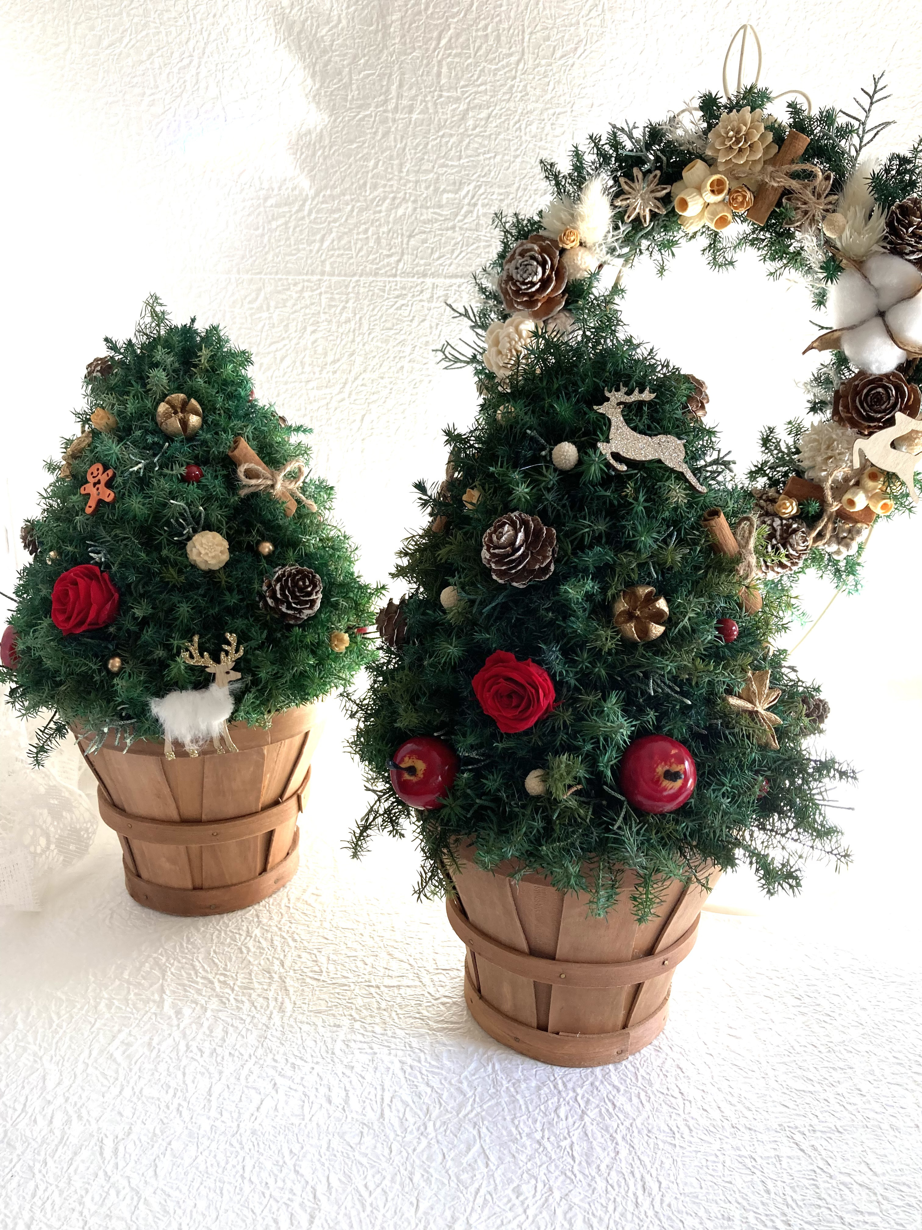 超早割クリスマス2025 プリザーブドフラワークリスマスツリーLEDライトリース バラとクリスマスグリーンにトナカイ